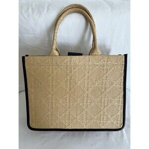 Antik Kraft Natural Straw Top Handle Bag With Navy Detail EUC